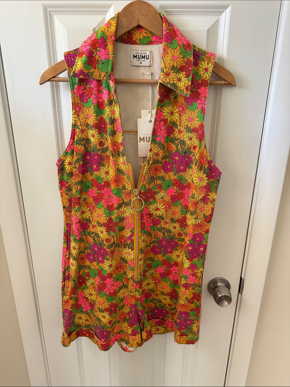 Show Me Your MuMu Floral Zip-Front Sleeveless Romper in Pink & Yellow